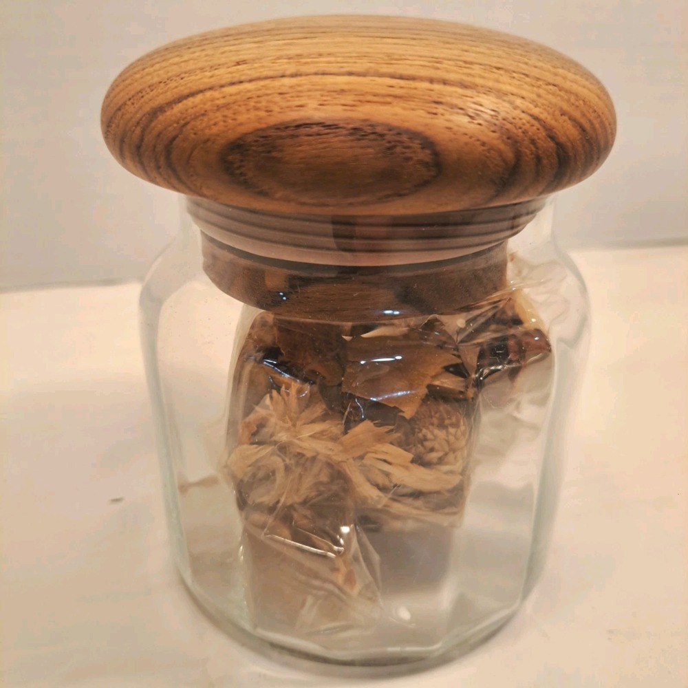 Vintage  Avon Teak Wood Glass Mushroom 6" Canister Jar with Potpourri